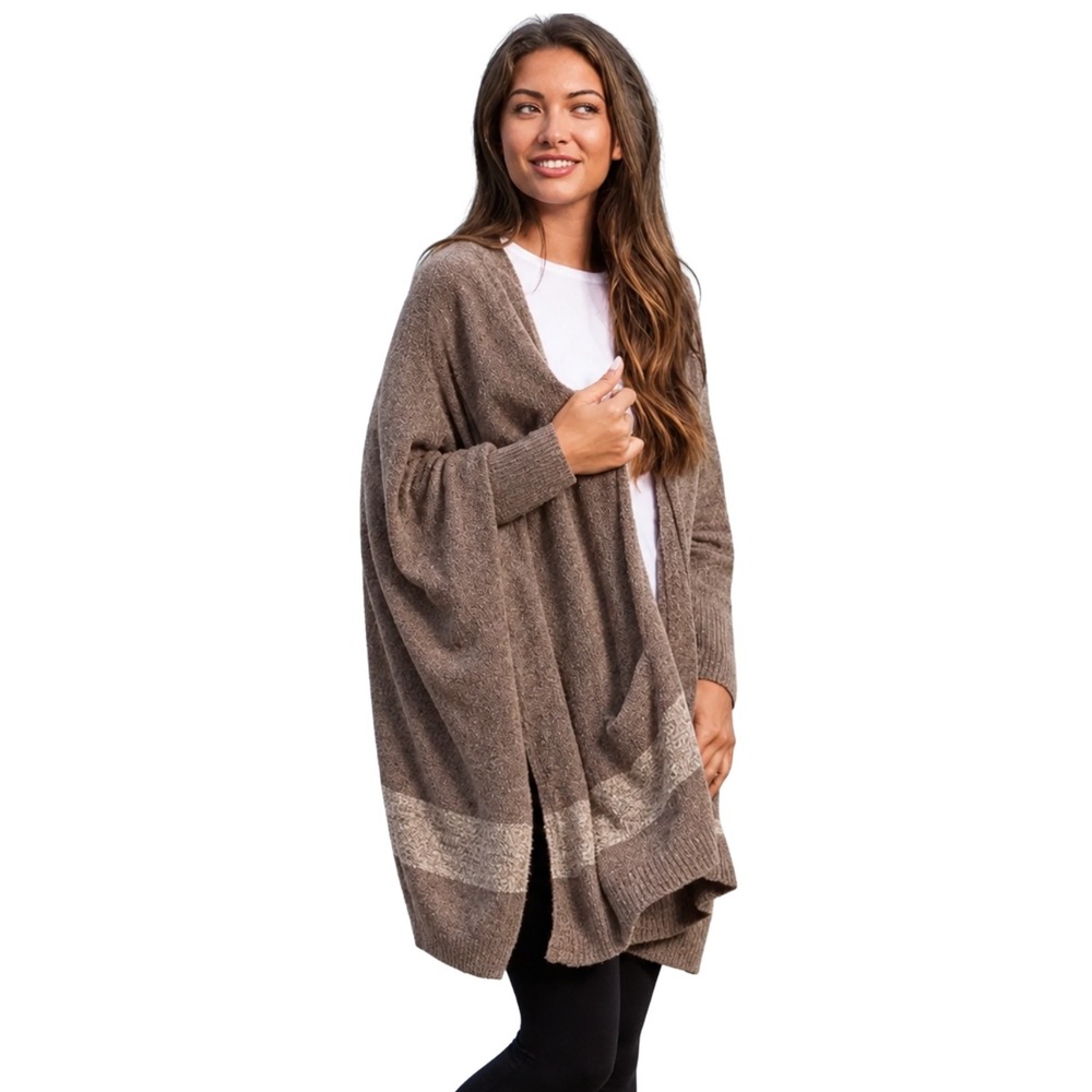 Barefoot Dreams CozyChic Lite Striped Hem Poncho Cardigan Taupe Brown One Size